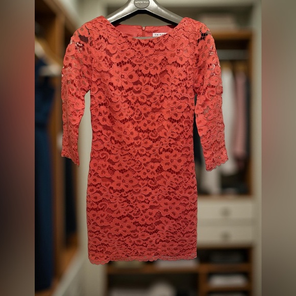 Trina Turk Pre-Owned Size 2 Elegant Coral Lace Long Sleeve Mini Cocktail Dress - Picture 3 of 11